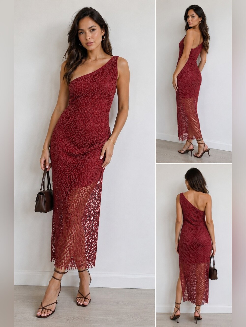 IRO One-Shoulder Burnt Orange Crochet Midi Dress